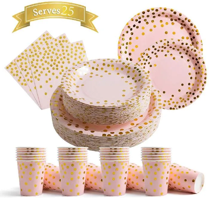 Disposable Paper Plate Napkin Sets - Party Items, Pink with Gold Dots 25 Dinner Plates 25 Dessert Plates 25 Napkins