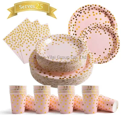 Disposable Paper Plate Napkin Sets - Party Items, Pink with Gold Dots 25 Dinner Plates 25 Dessert Plates 25 Napkins