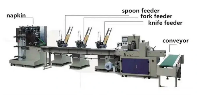 New Item for Stainless Steel Plastic Wooden PLA Cutlery Set Spoon Fork Knife Napkin Automatic Feeding Flow Packing Machine