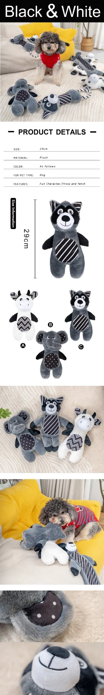 Rena Pet Black and White Animal Sound Paper Squeaker Stuffed Plush Classical Design Dog Toy