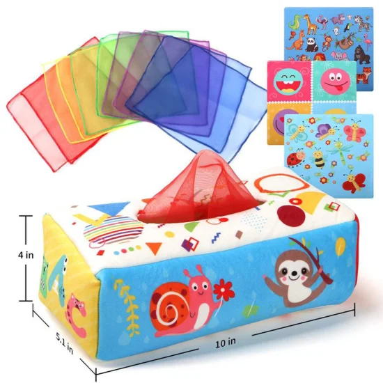 Infants Magic Tissue Box Montessori Toys Baby Sensory Toys with Crinkle Paper & Juggling Rainbow Dance Scarves for Toddlers